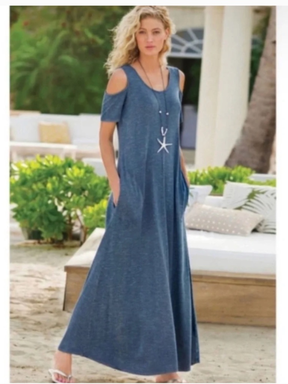 SOFT SURROUNDINGS Electra Blue Maxi Dress Tall Cold Shoulder SZ PS